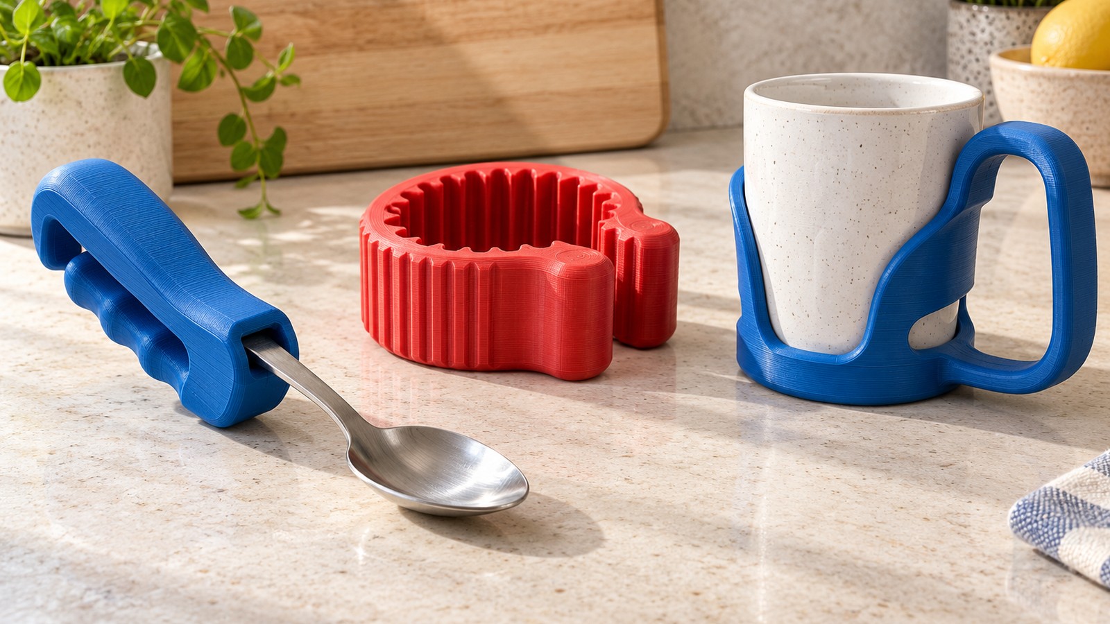Agarre de cuchara, abridor de frascos y soporte de taza impresos en 3D