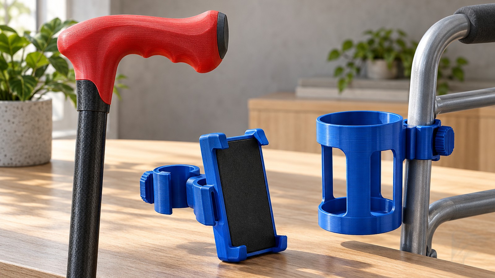 Empuñadura roja para bastón y accesorios azules para andador
