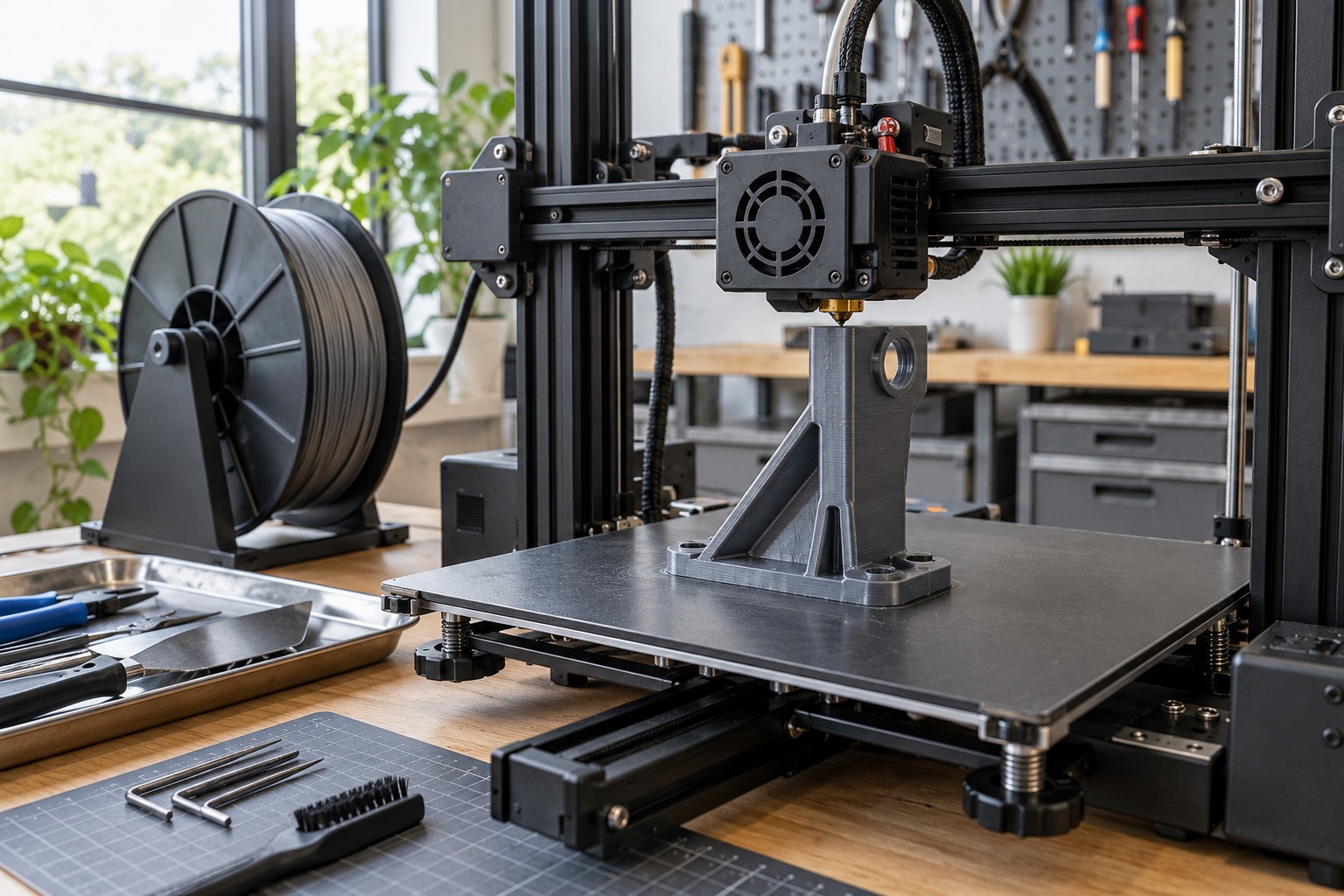 Impresora 3D de sobremesa fabricando una pieza funcional