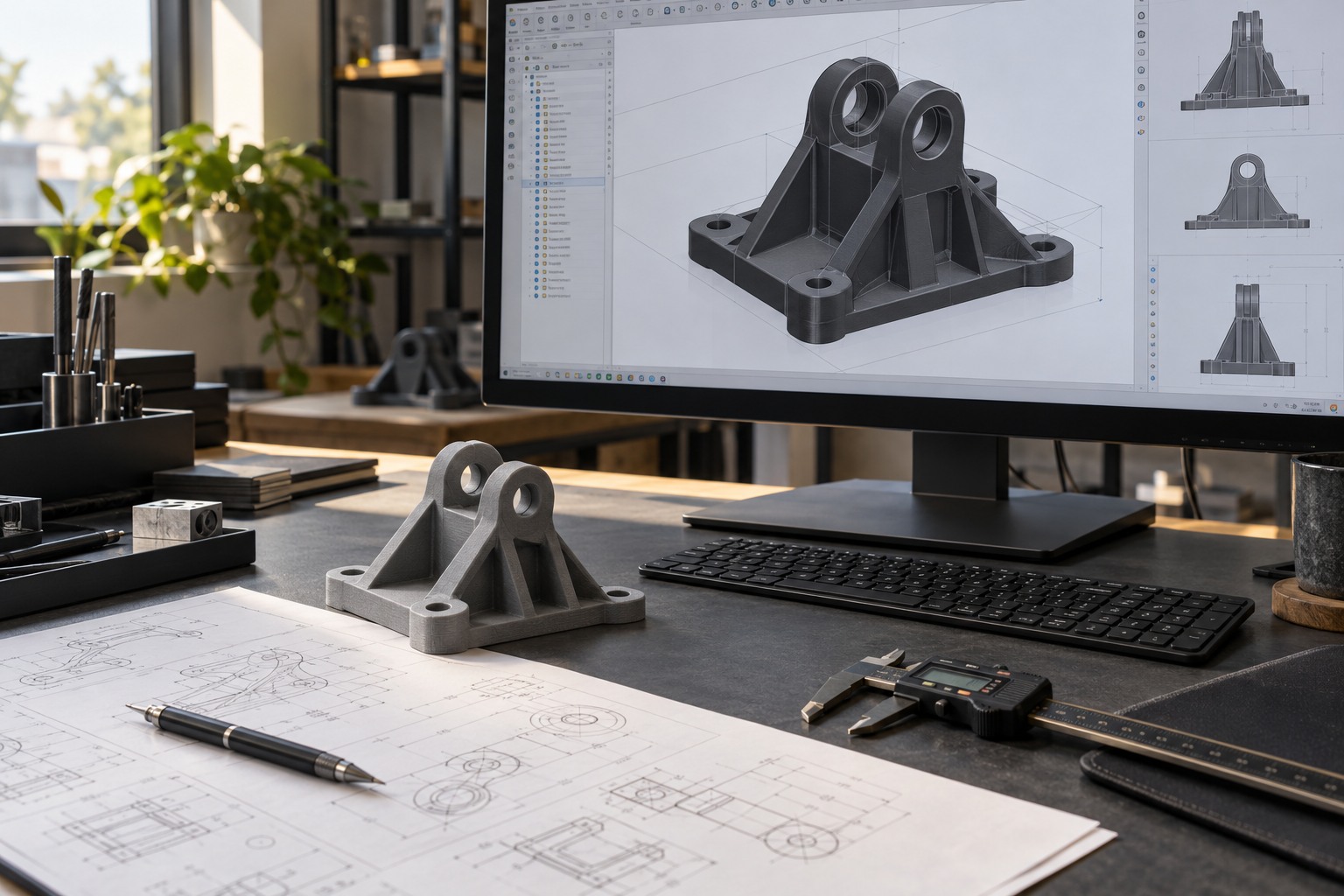 Pieza funcional junto a un modelo CAD en una estación de diseño mecánico