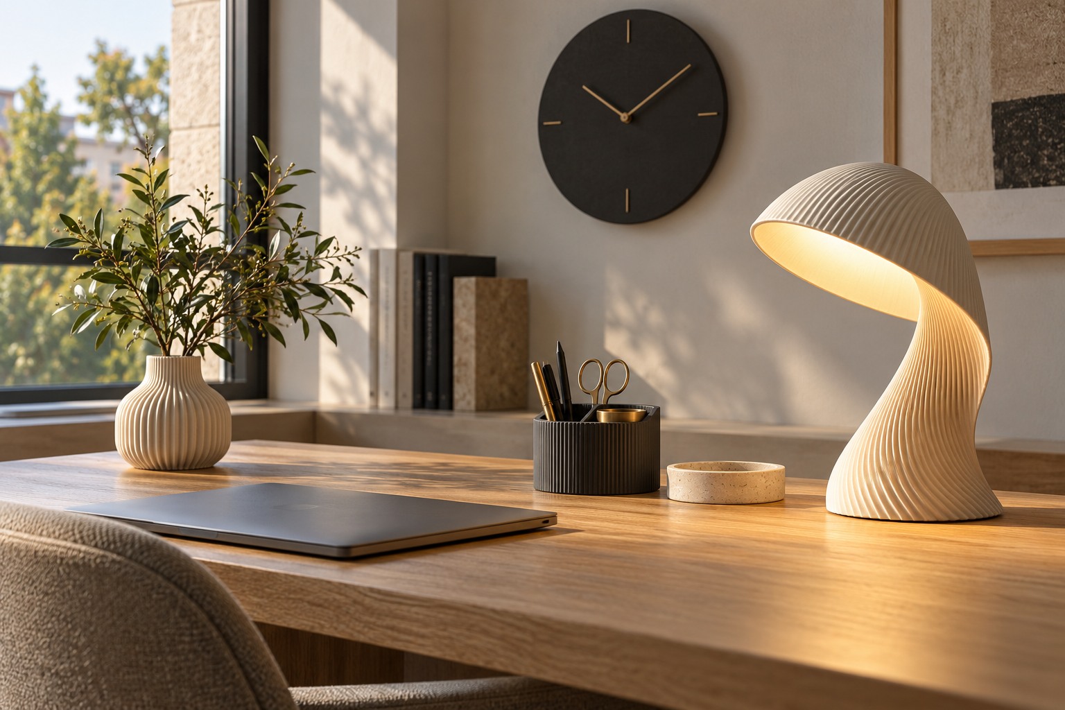 Lámpara, reloj y organizador de escritorio en un espacio de trabajo doméstico