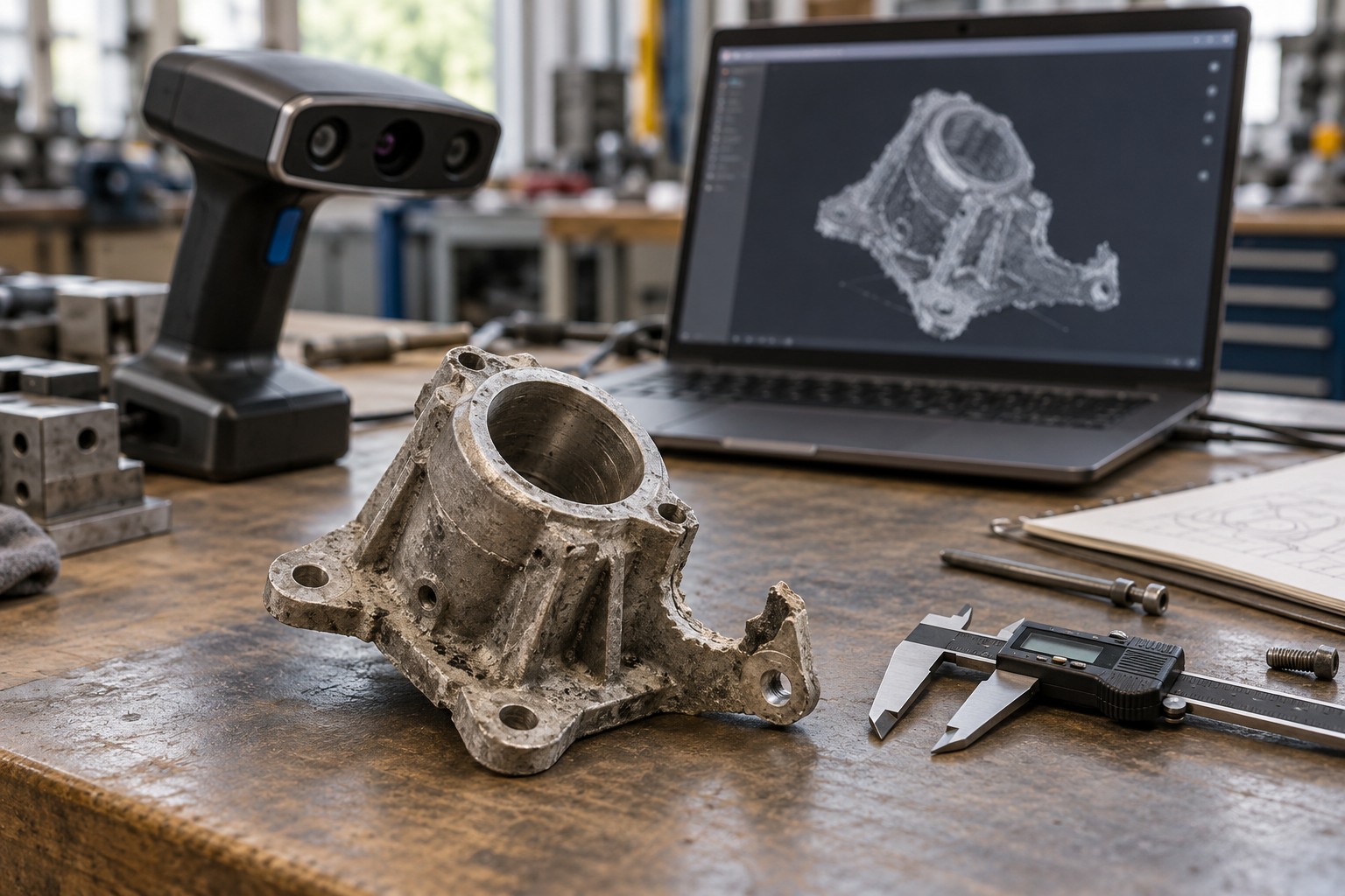 Ingeniería inversa de un componente de aluminio con calibre y escáner 3D